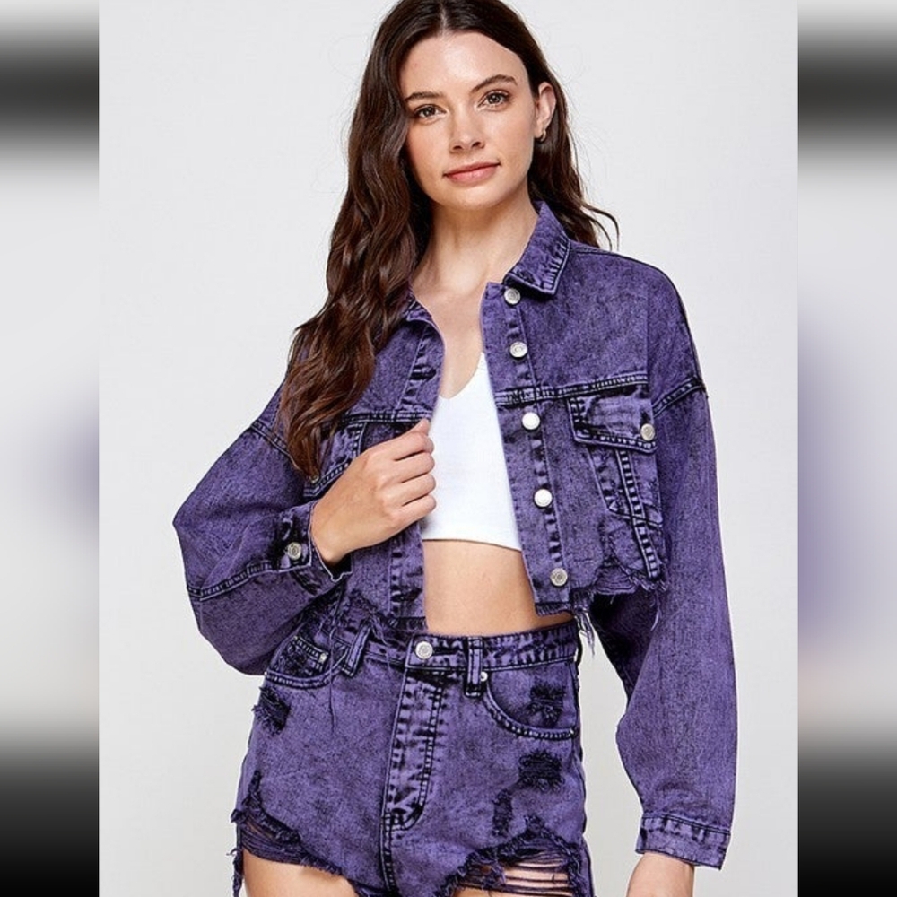 Signature Purple Cropped Distressed Denim Jacket